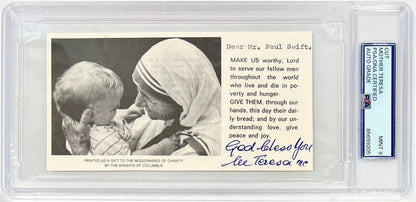 Mother Teresa Signed &amp; Inscribed Prayer Card. Auto PSA Mint 90