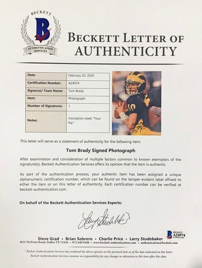 Tom Brady Signed University of Michigan 8x10 Photo, Inscribed. Auto Beckett BAS