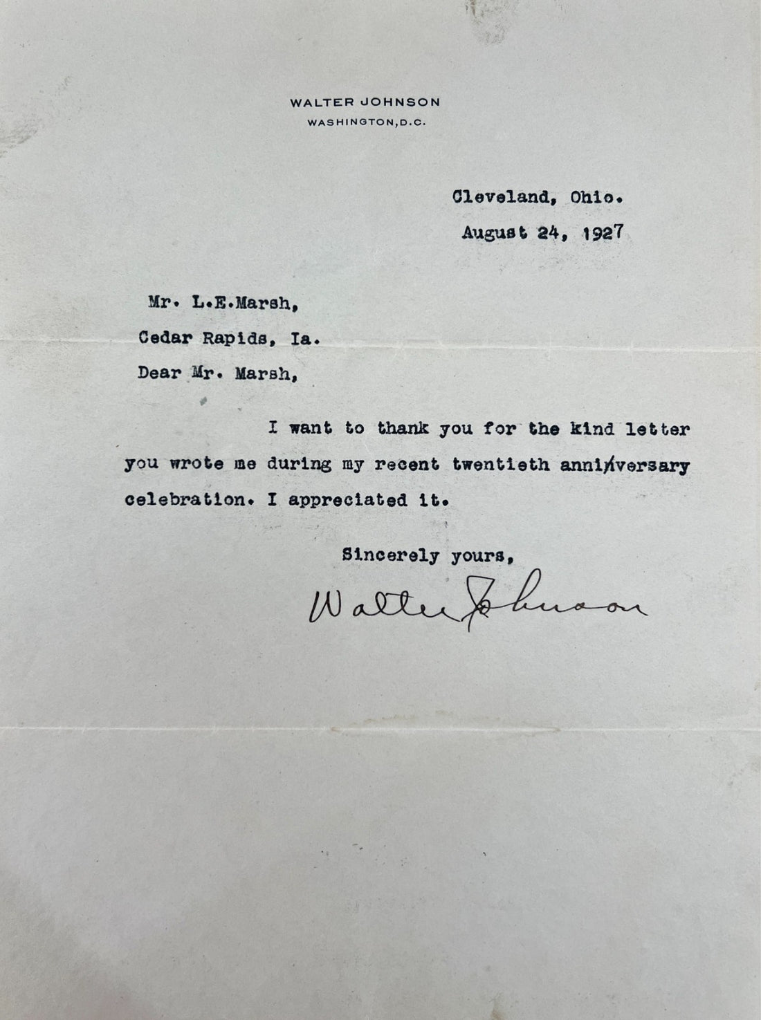 Walter Johnson Signed Letter and Fingerprints. 1947. Gem Mint, PSA 101