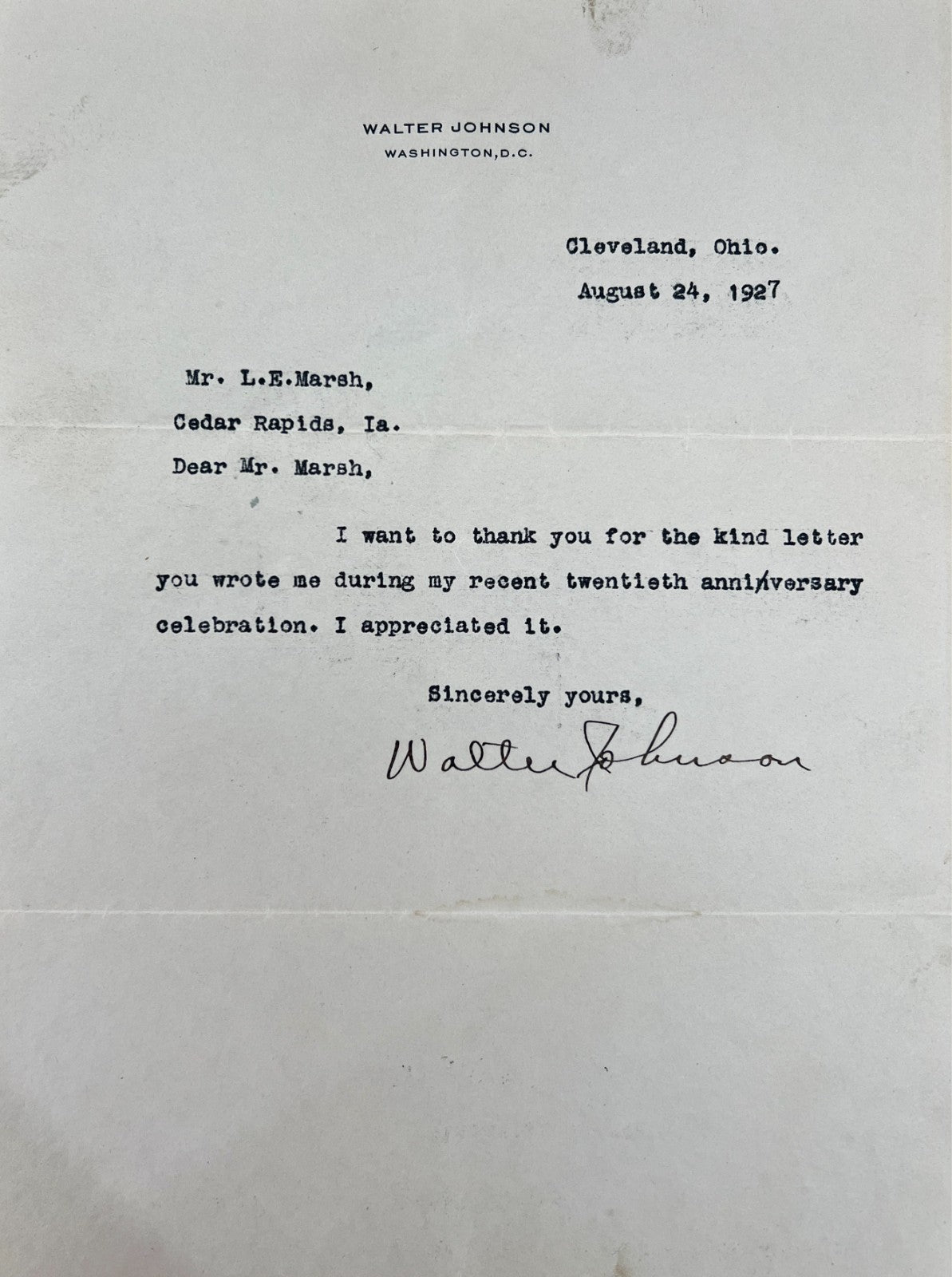 Walter Johnson Signed Letter and Fingerprints. 1947. Gem Mint, PSA 101