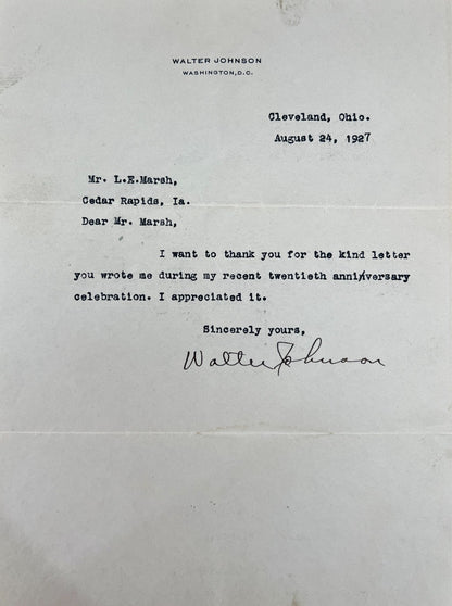 Walter Johnson Signed Letter and Fingerprints. 1947. Gem Mint, PSA 101