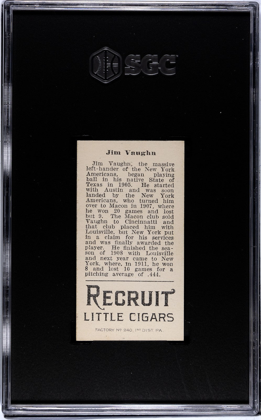1912 Recruit Little Cigars T207 Jim "Hippo" Vaughn SGC Authentic1