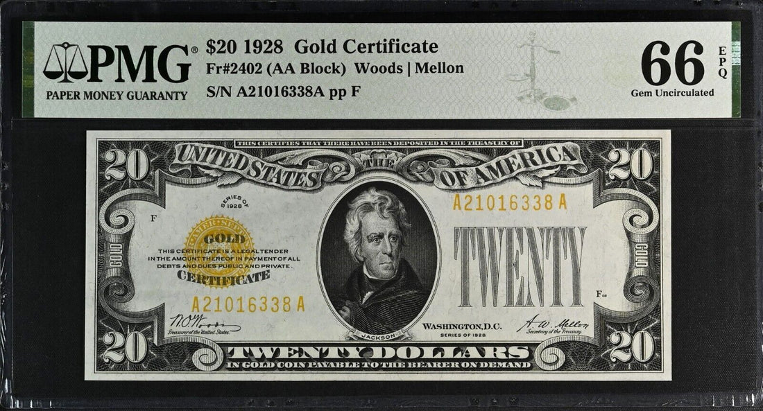 1928 $20 Gold Certificate Note. PMG Gem Uncirculated Unc 66  EPQ