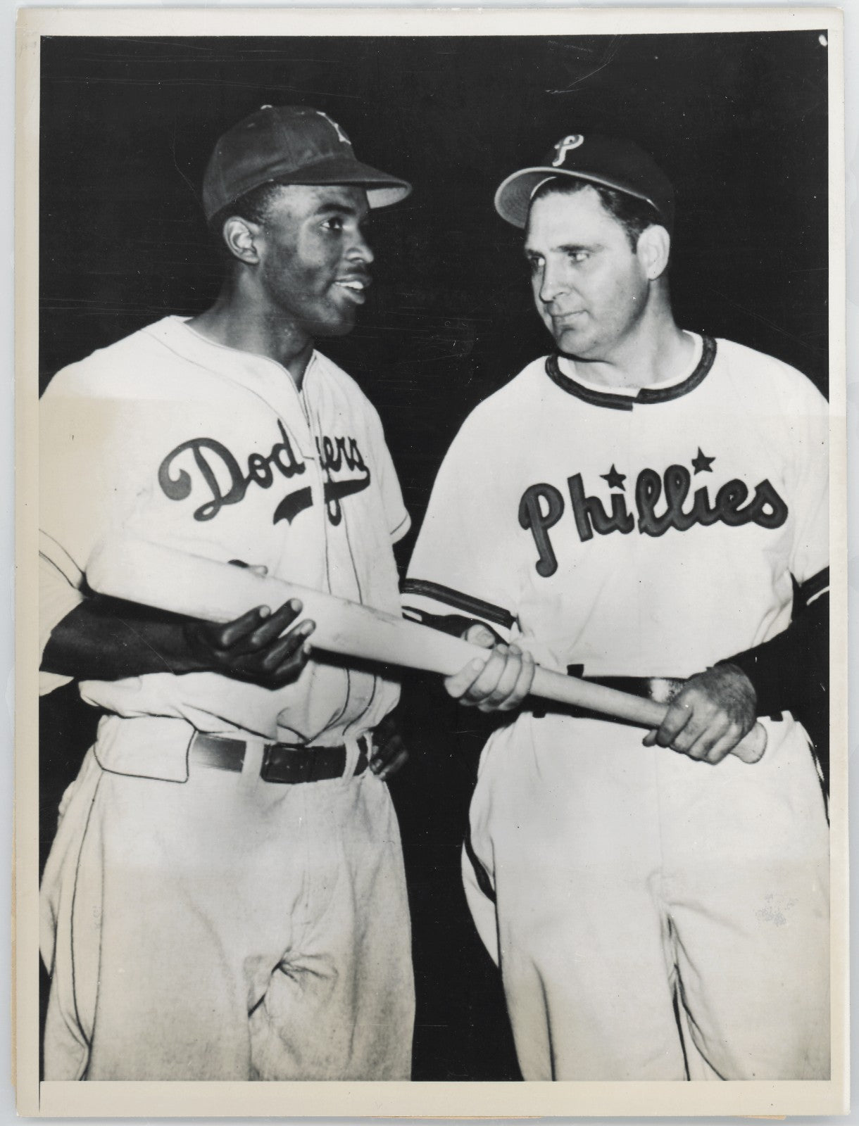 Rare 1947 Jackie Robinson Rookie Type 1 Original Photo with Ben Chapman. PSA2