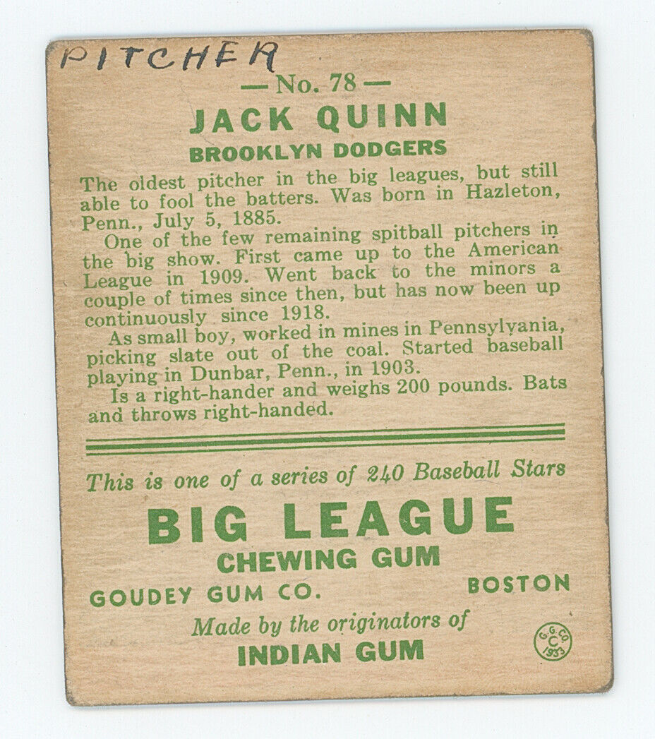 1933 Goudey Jack Quinn. 