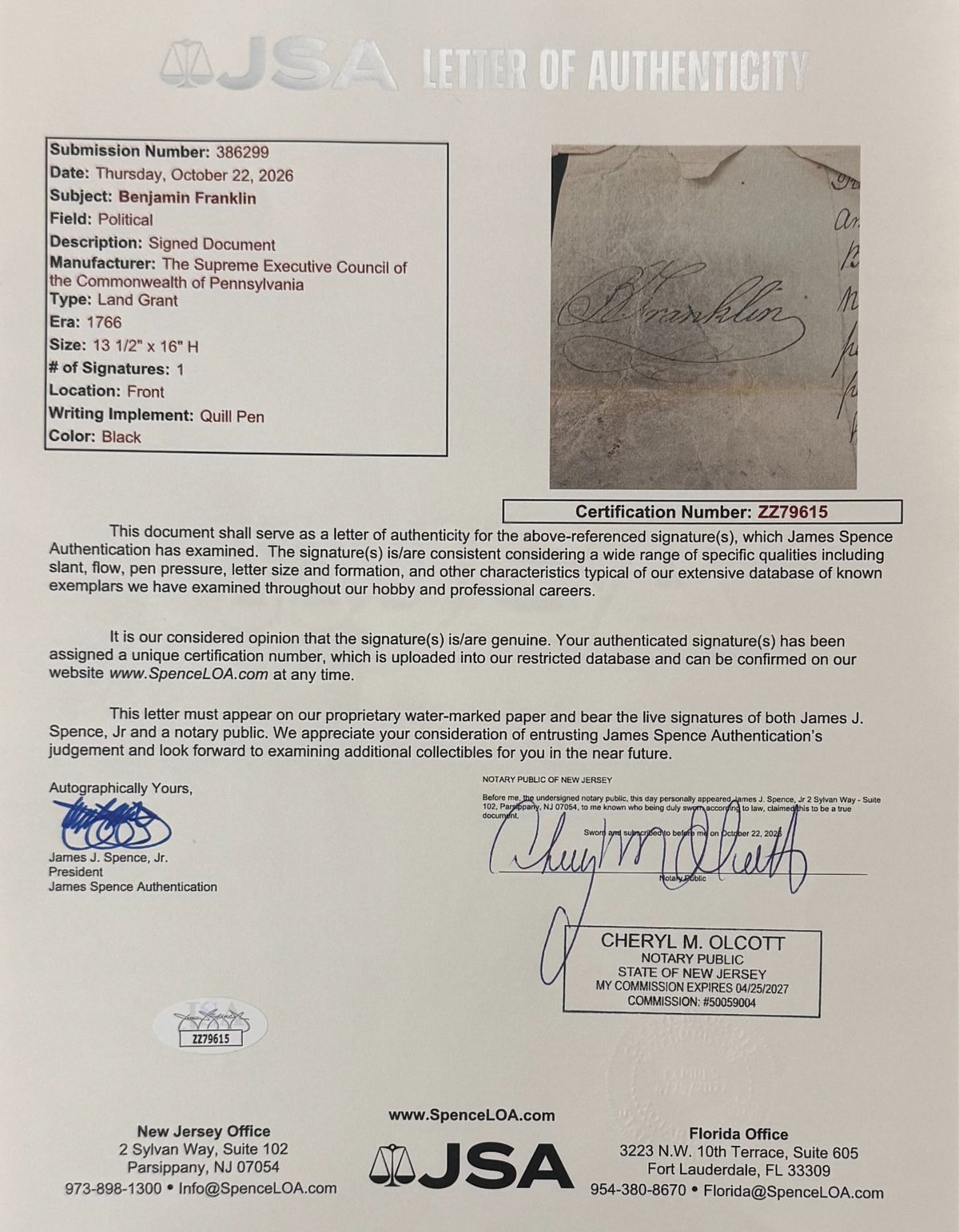 Benjamin Franklin Signed 1787 Land Patent – Constitutional Convention. Auto JSA6
