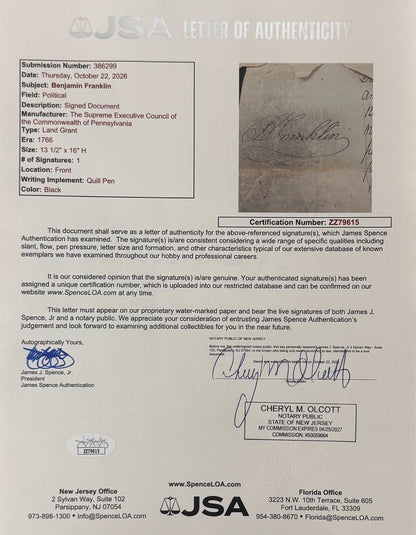 Benjamin Franklin Signed 1787 Land Patent – Constitutional Convention. Auto JSA6