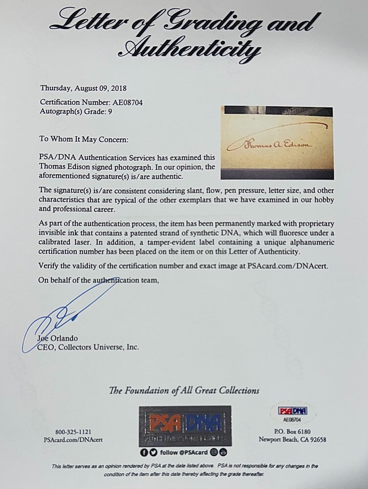 Rare Thomas Edison Signed Photo. Autograph PSA Mint 93