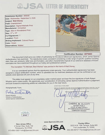 Walt Disney Signed Alice in Wonderland Dye Transfer Print Photo. Auto JSA4