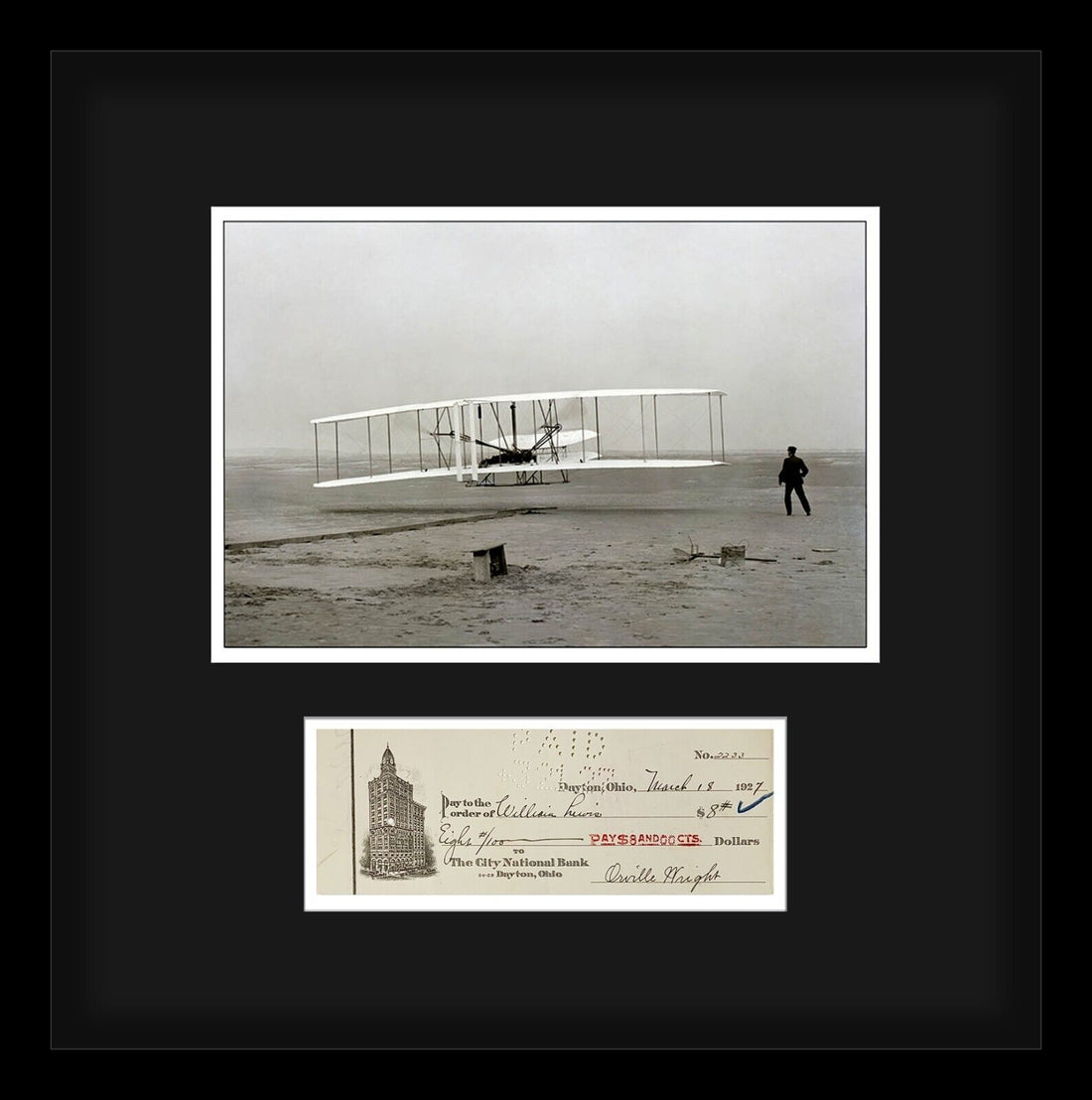 Orville Wright Signed Check, First in Flight Custom Autograph Display. Auto JSA