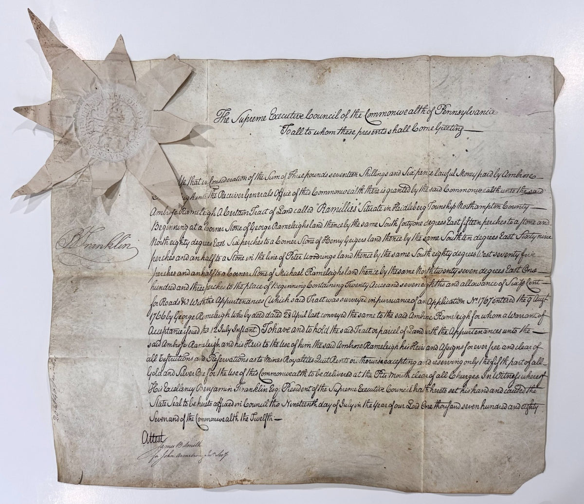 Benjamin Franklin Signed 1787 Land Patent – Constitutional Convention. Auto JSA1