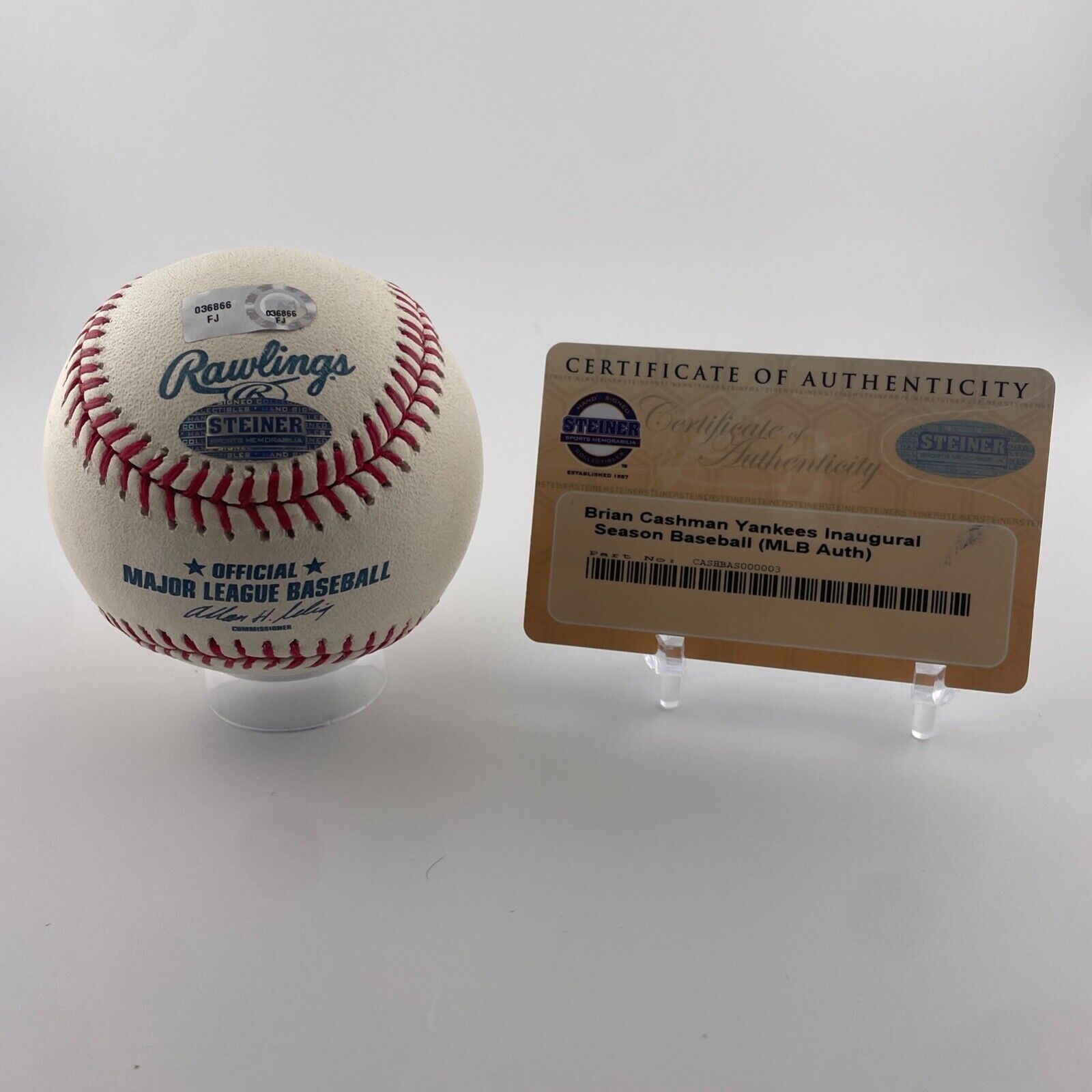 Brian Cashman Signed Baseball. NY Yankees Stadium Logo Ball. Steiner Holo + Card