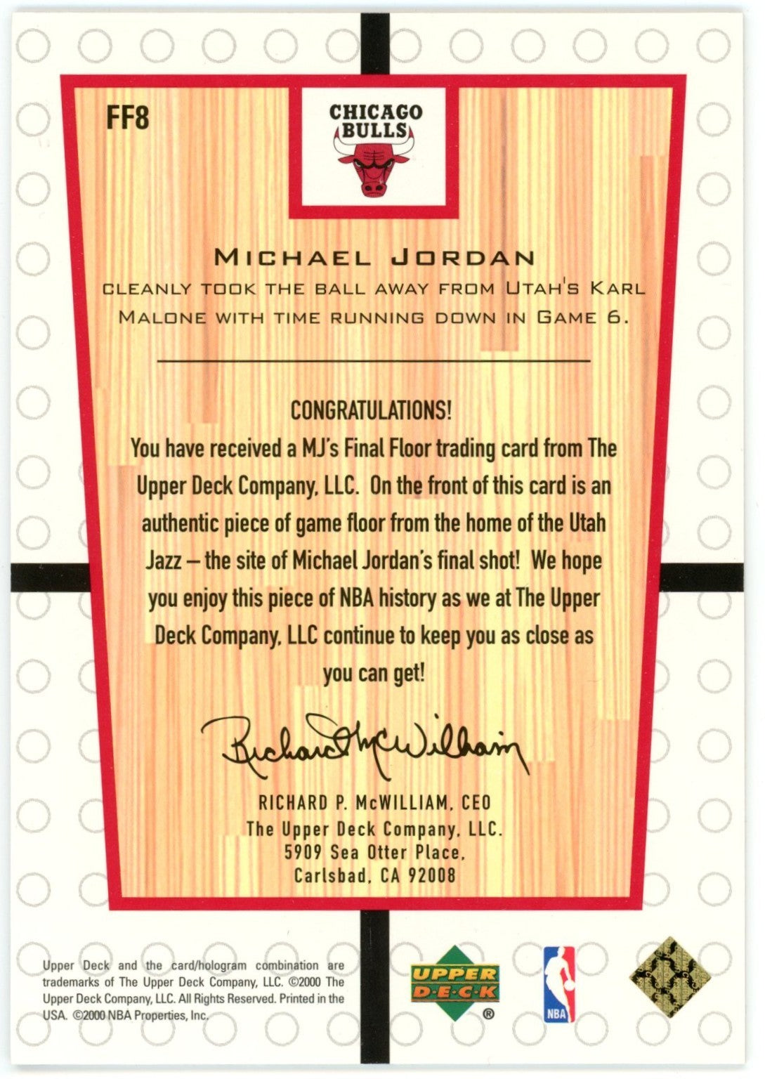 Michael Jordan 2000 Upper Deck Final Floor Game Used 1998 Finals Card. 