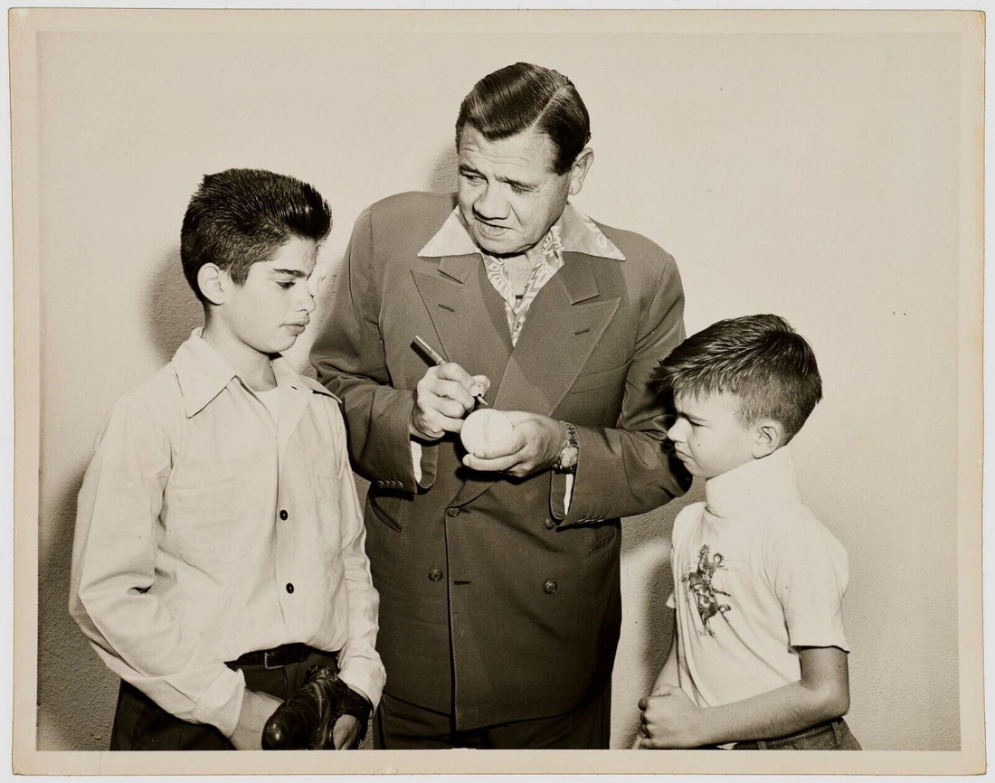 Babe Ruth 1947 Original 8x10 Photo, Signing Baseball for Kids. PSA Type 1