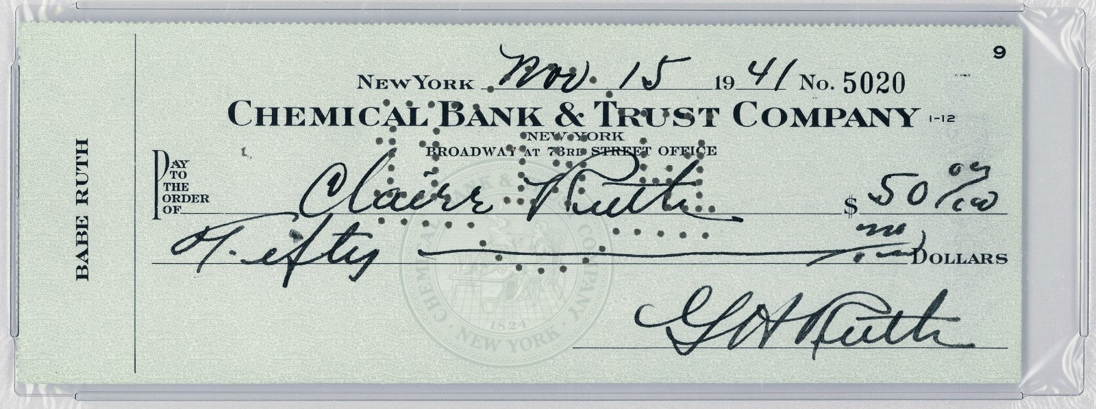 Babe Ruth Signed Check, Outstanding Eye Appeal. Mint Condition. PSA 93