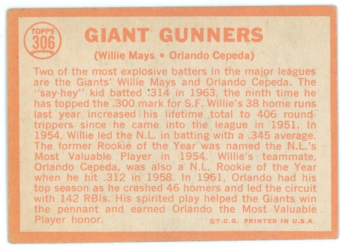 1964 Topps Willie Mays &amp; Orlando Cepeda. Giant Gunners. 