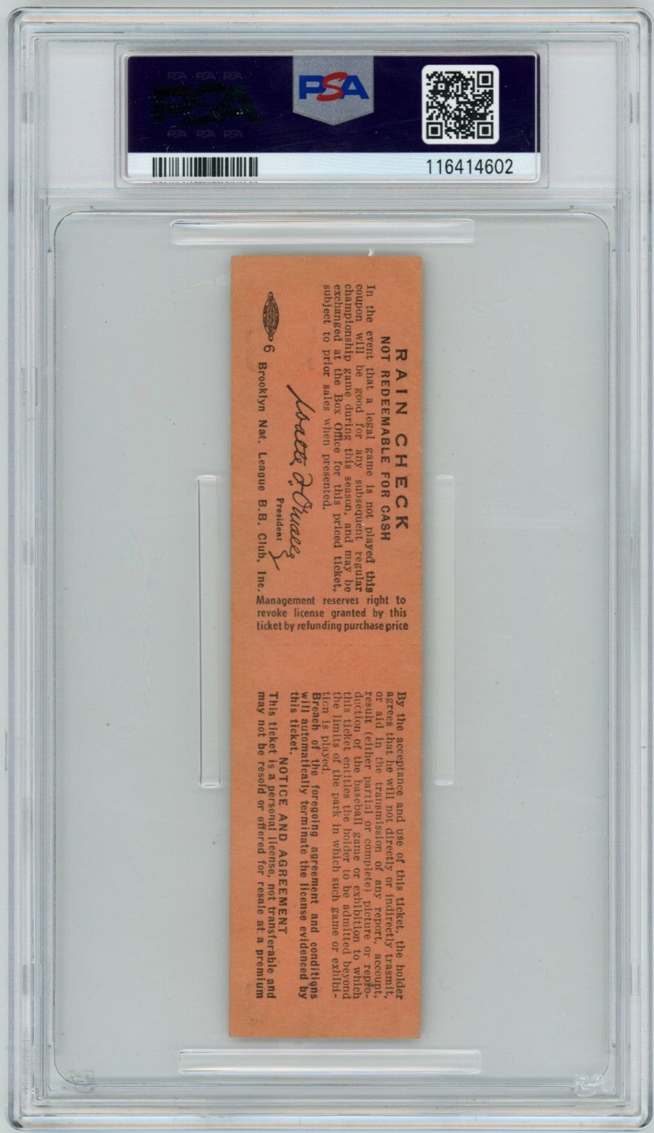 1954 Brooklyn Dodgers Full Ticket, Duke Snider Homerun 191. PSA 81