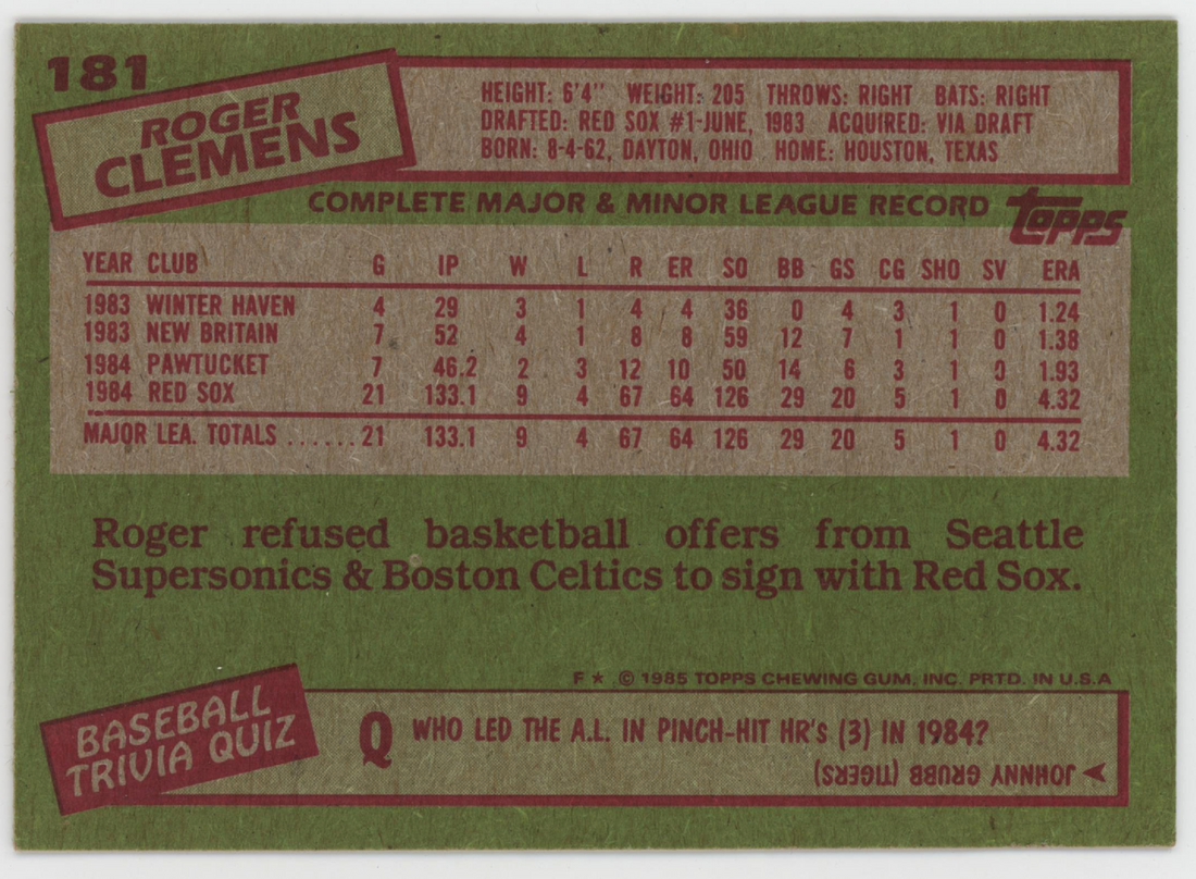 Roger Clemens 1985 Topps. 