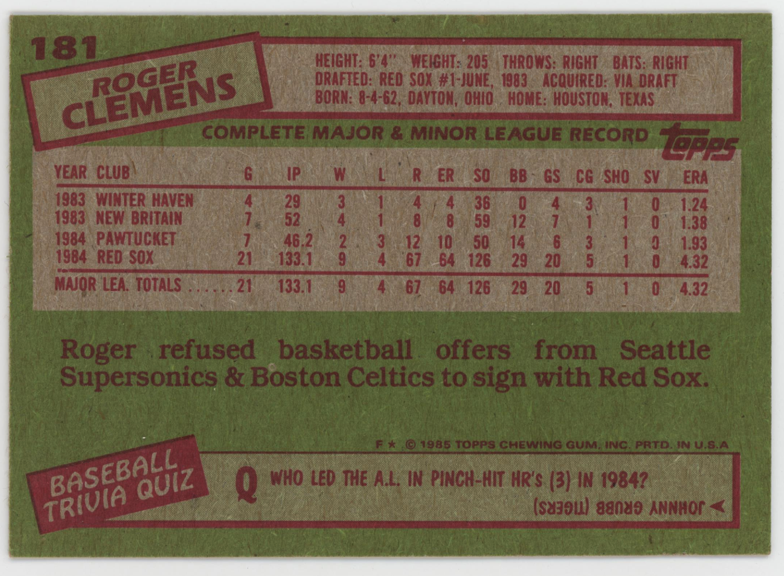 Roger Clemens 1985 Topps. 
