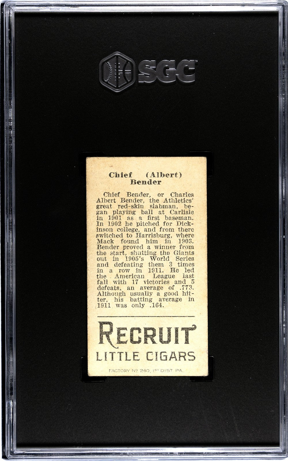 1912 Recruit Little Cigars T207 Chief Bender SGC 21