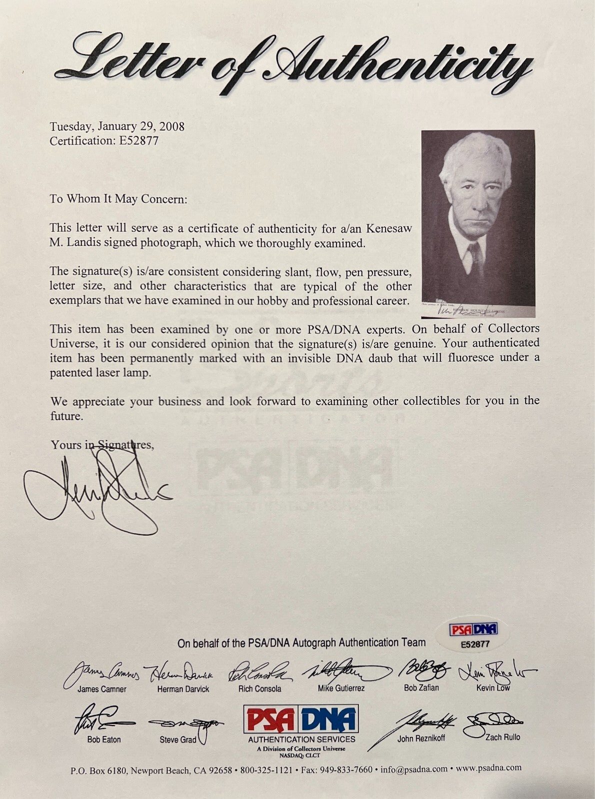 Vintage Kenesaw Mountain Landis Signed Photograph. MLB Commissioner. Rare, PSA5