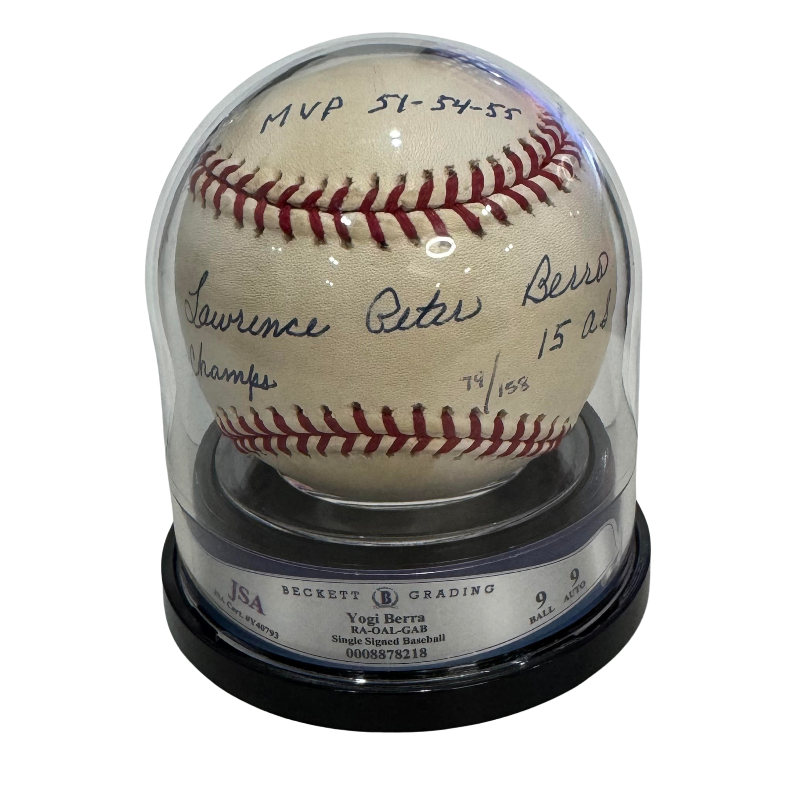 Yogi Berra Signed Stats Baseball. Full Name Autograph with Inscriptions. JSA 91