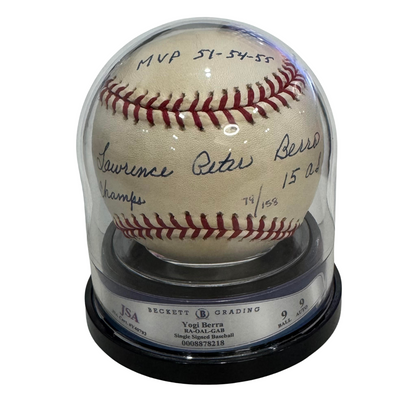 Yogi Berra Signed Stats Baseball. Full Name Autograph with Inscriptions. JSA 91