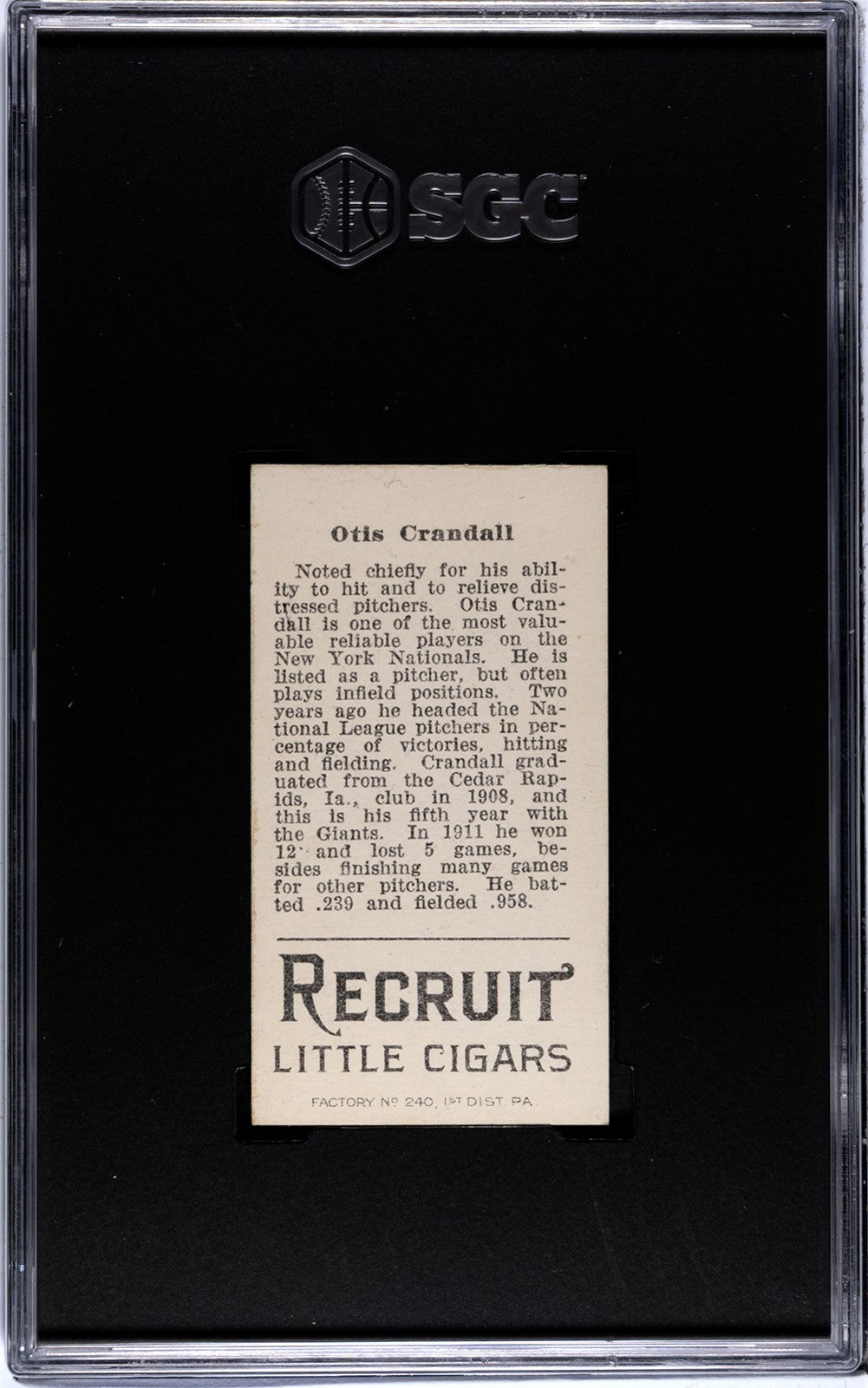 1912 Recruit Little Cigars T207 Otis "Doc" Crandall SGC 61