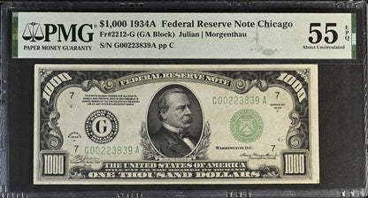 1934 $1,000 Bill Federal Reserve Note, Chicago. PMG AU55 EPQ, About Uncirculated