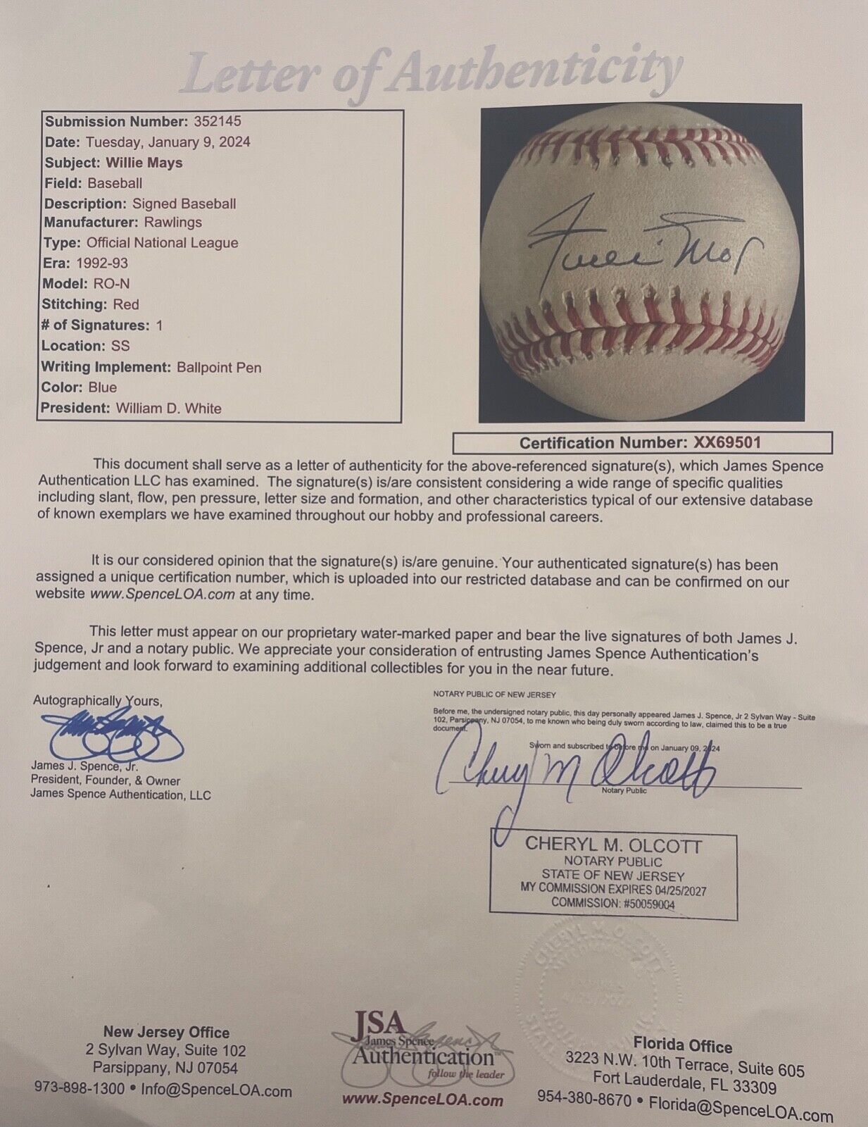 Willie Mays Single Signed Baseball. San Francisco Giants. JSA