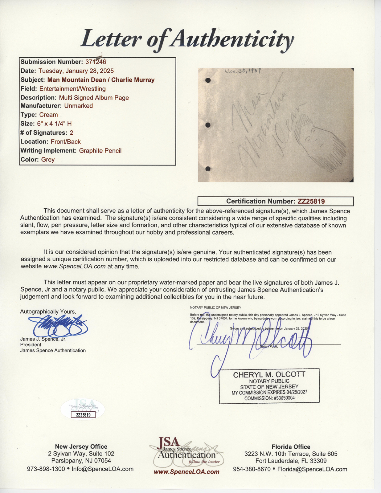 1937 Man Mountain Dean Signed Album Page. Hand Drawn Sketch, Self Portrait. JSA2