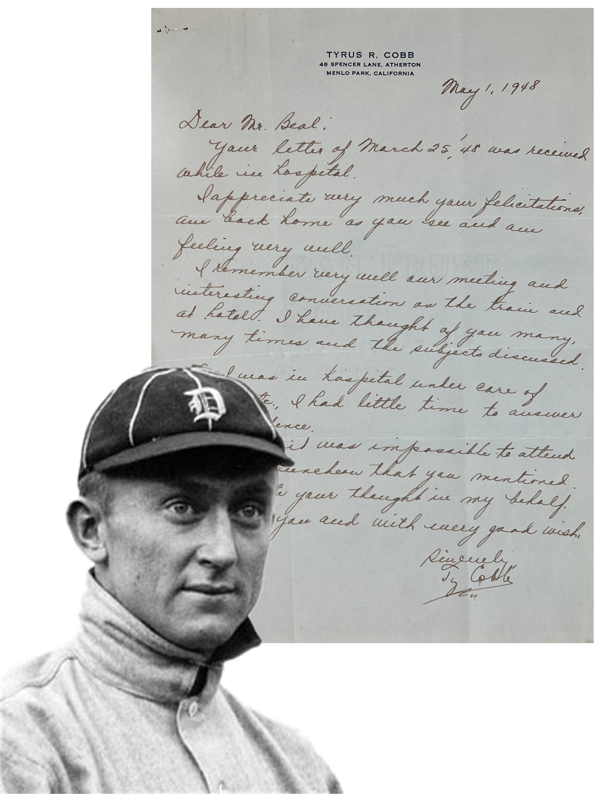 Ty Cobb Signed Letter from 1948, PSA0