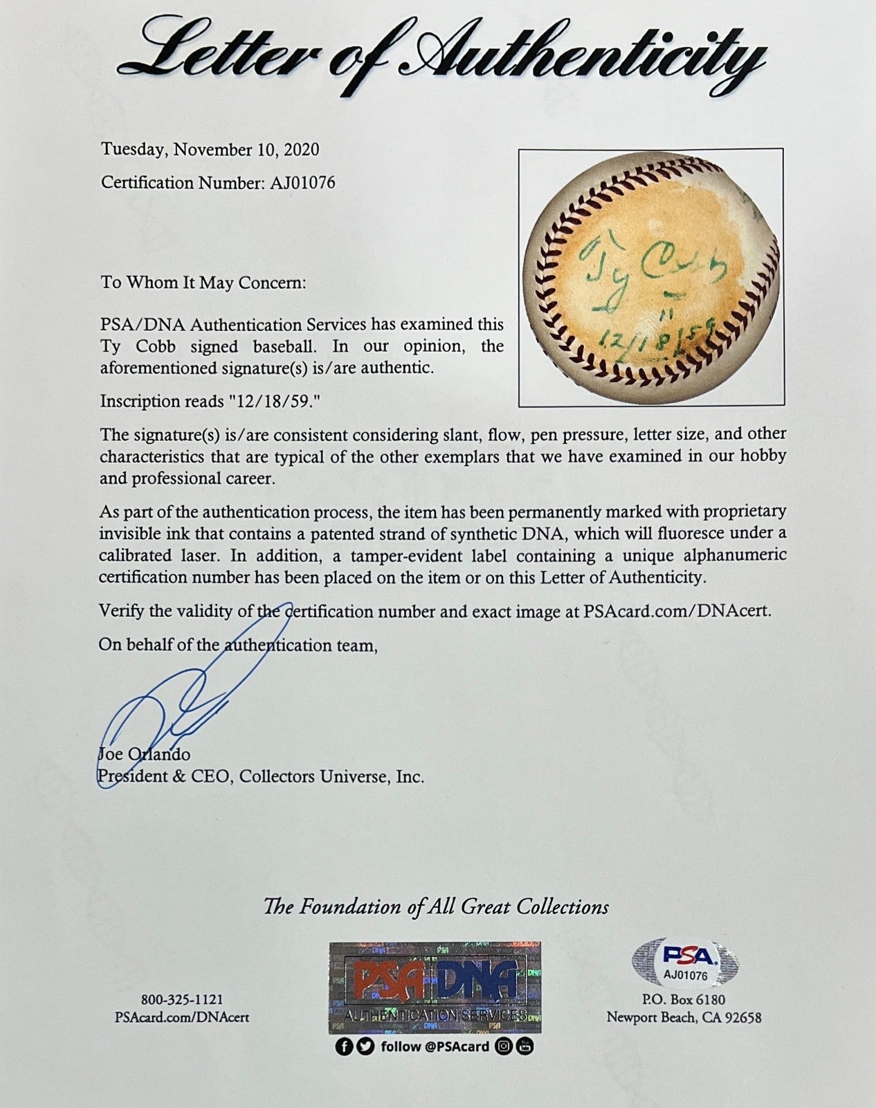 Ty Cobb Single Signed Baseball, Inscribed 1959. Official AL Ball. PSA2