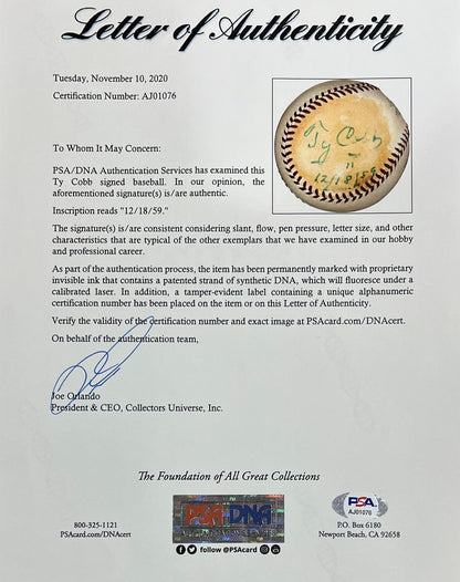 Ty Cobb Single Signed Baseball, Inscribed 1959. Official AL Ball. PSA2