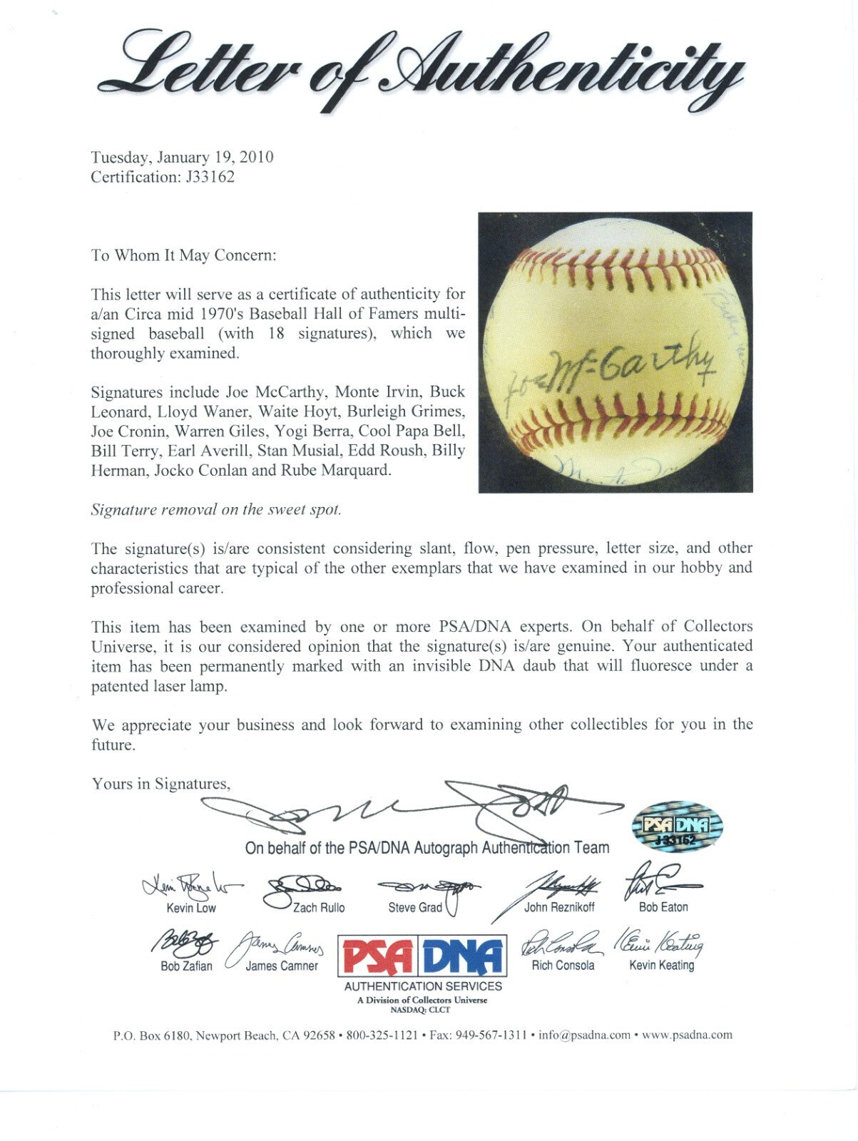 1970s Hall of Fame Signed Baseball. 18 Sigs. Marquard, Cronin, Hoyt, Grimes. PSA6