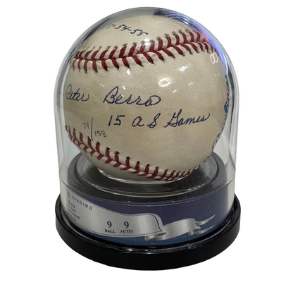 Yogi Berra Signed Stats Baseball. Full Name Autograph with Inscriptions. JSA 93
