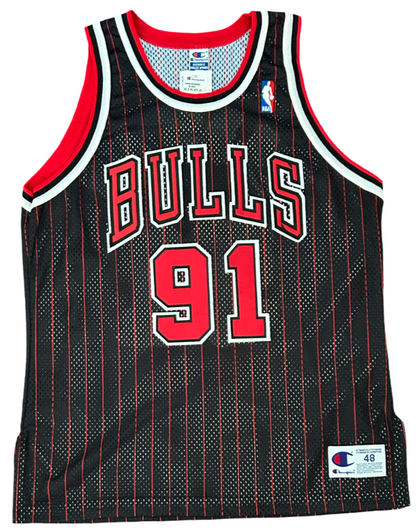 Dennis Rodman Signed Jersey. Chicago Bulls Pinstripe Champion 48 JSA2