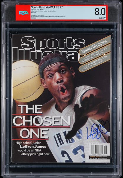 2002 LeBron James Signed 1st Sports Illustrated Newsstand Magazine. PSA 8 Auto 90