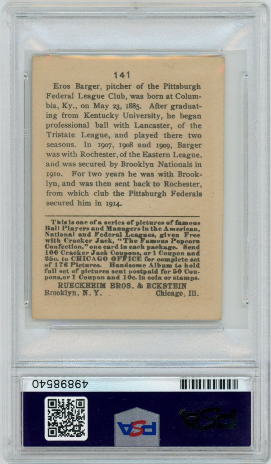 1915 Cracker Jack Cy Barger PSA 71