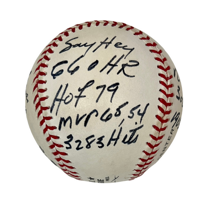 Willie Mays Signed &amp; Career Stats Inscribed Limited Edition Baseball. JSA LOA2