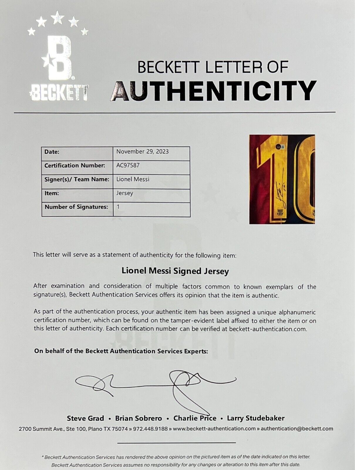 Leo Lionel Messi Signed Barcelona Jersey, Beckett, Full Letter of Authenticity