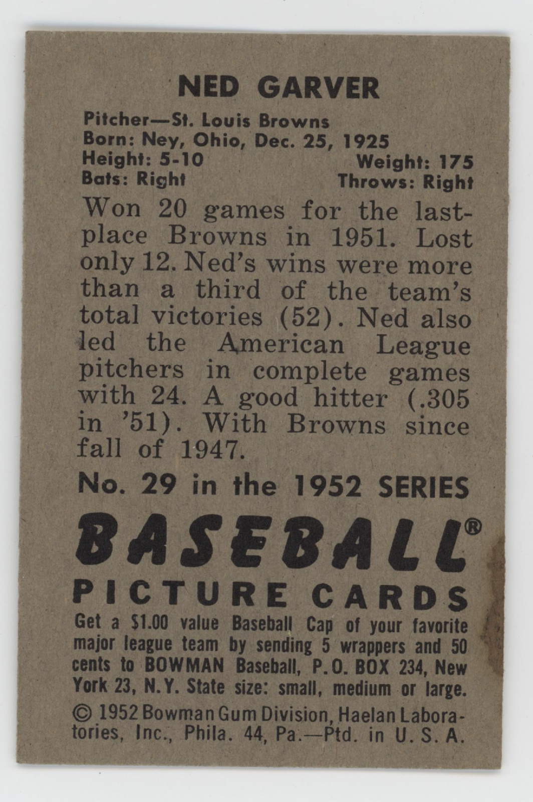 Ned Garver 1952 Bowman. 