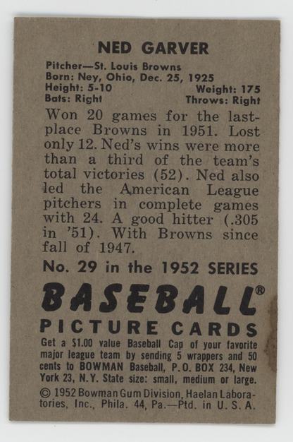 Ned Garver 1952 Bowman. 