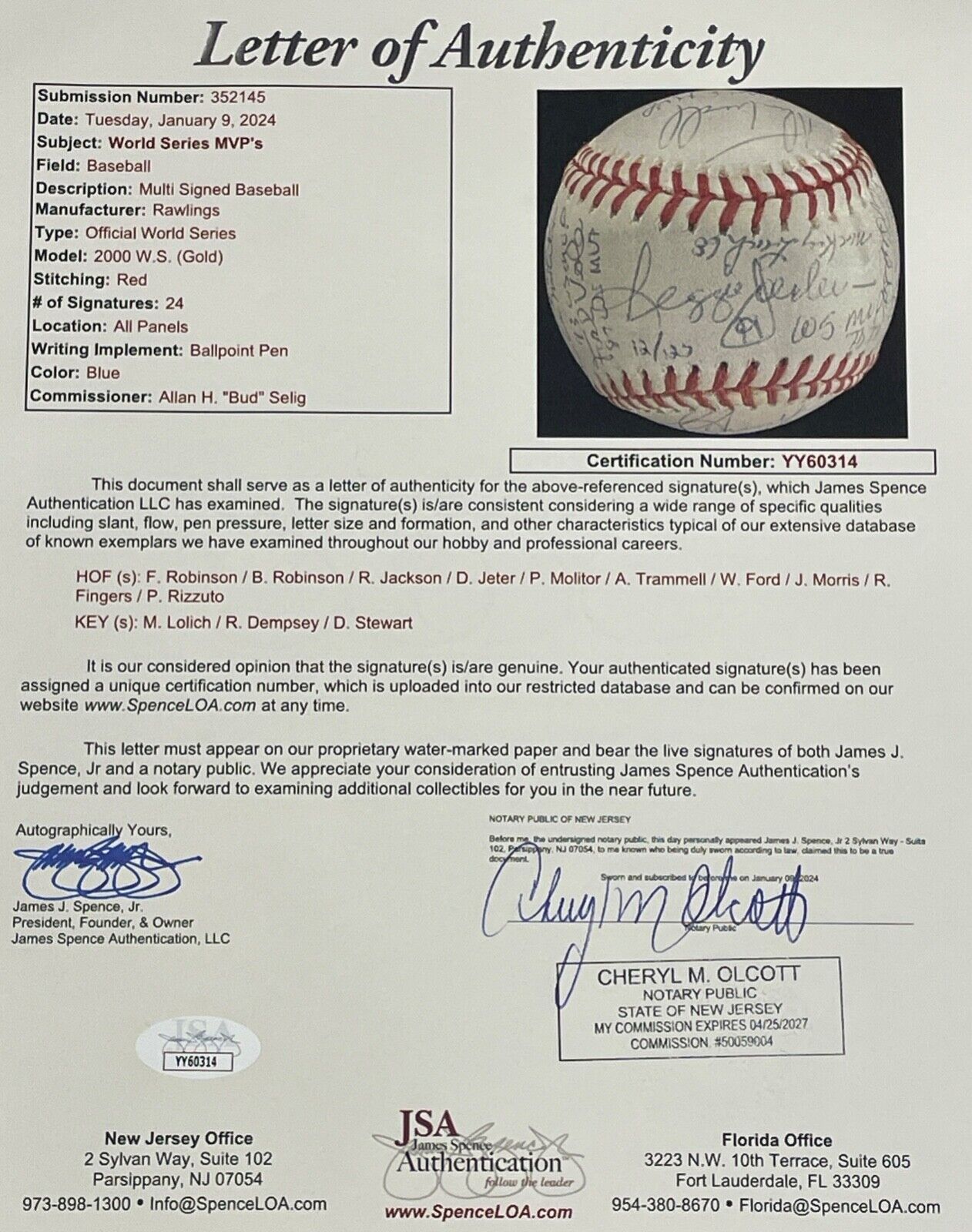 WS MVP Winner Signed Limited Edition Baseball. 24 Sigs 10 HOFers. Full JSA LOA.