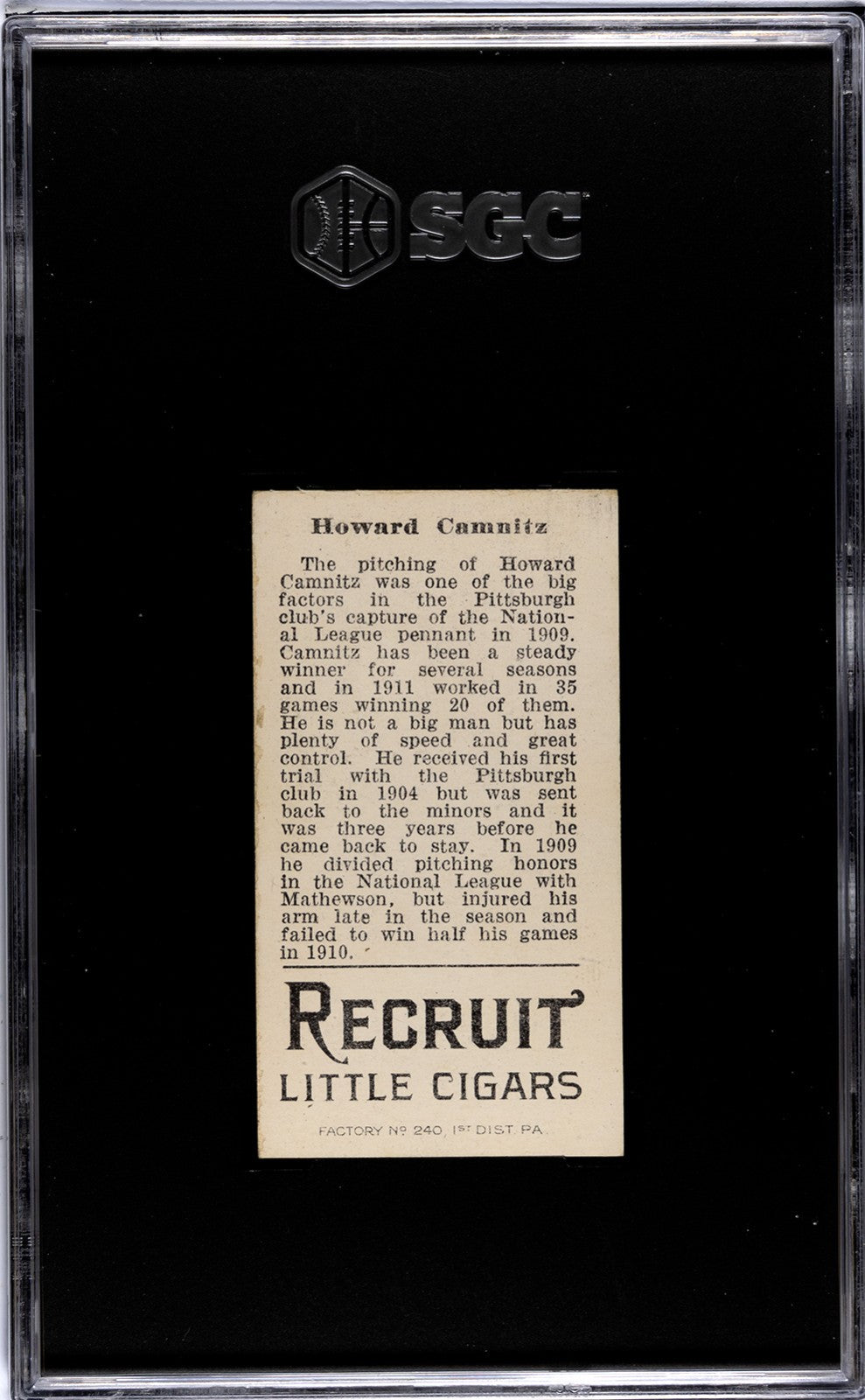 1912 Recruit Little Cigars T207 Howie Camnitz SGC 51