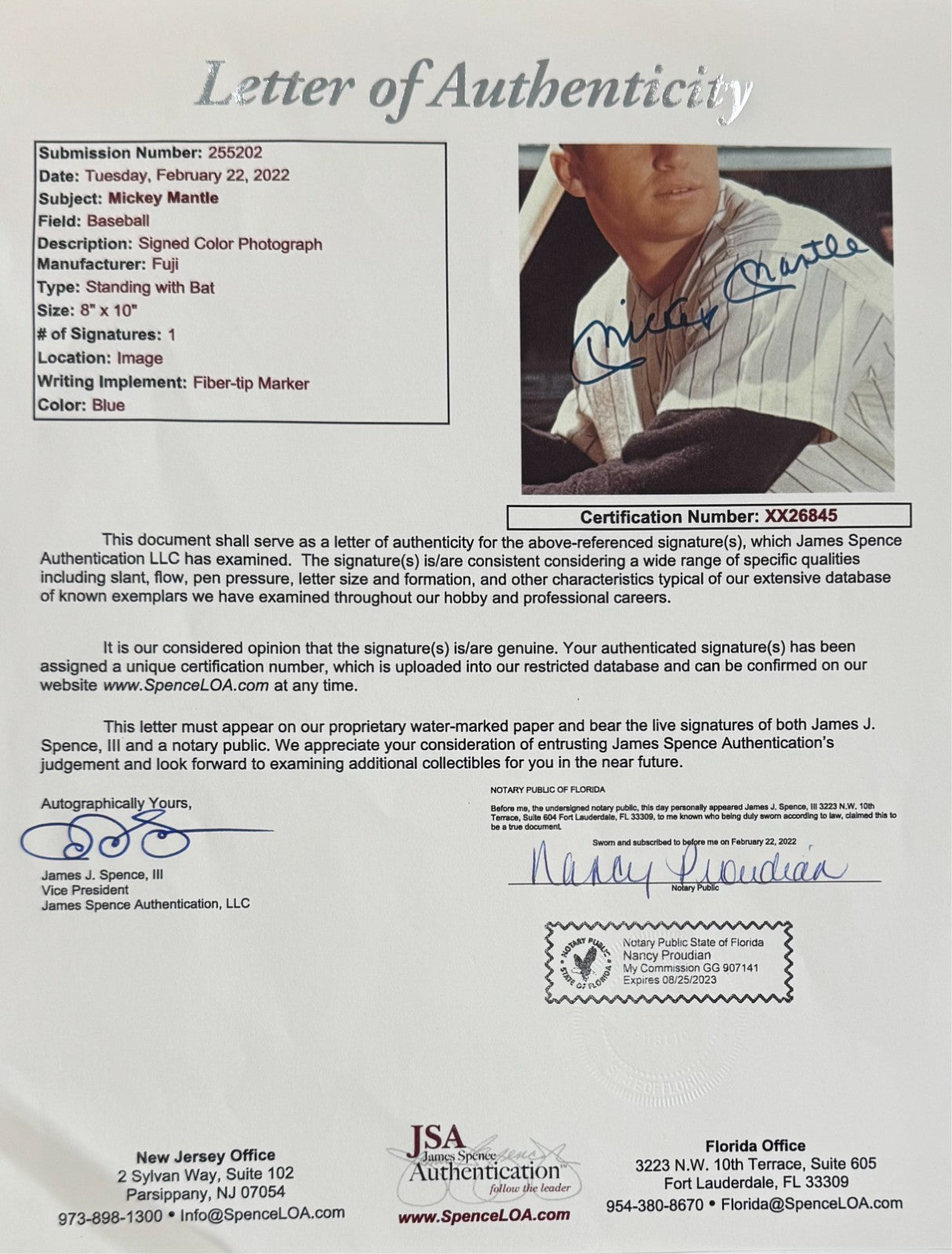 Mickey Mantle Signed 8x10 Photo. New York Yankees. Auto JSA:2