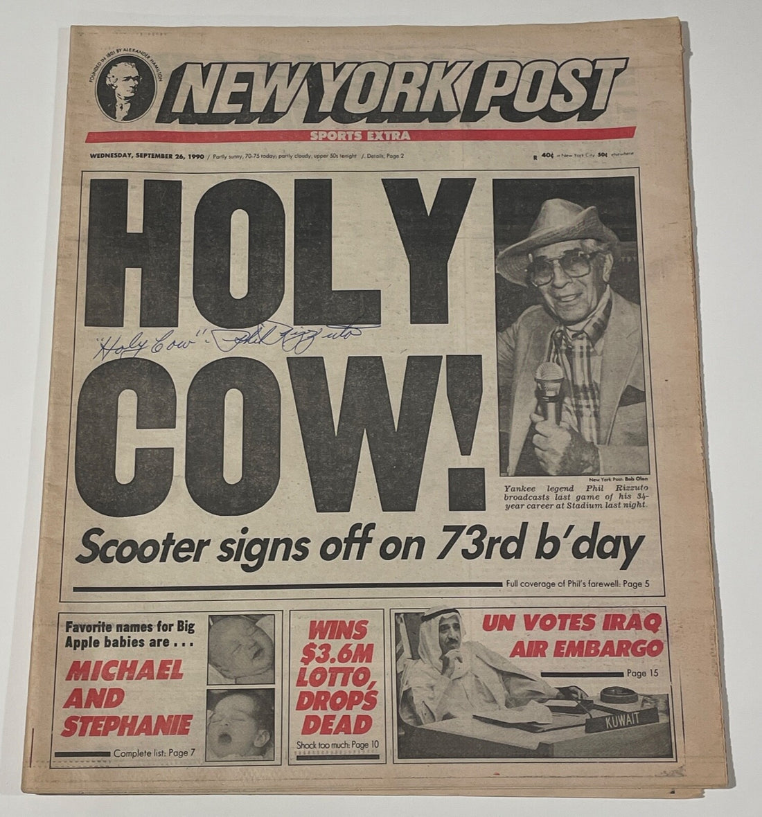 Phil Rizzuto Signed NY Post "Holy Cow" Newspaper. NY Yankees. JSA0