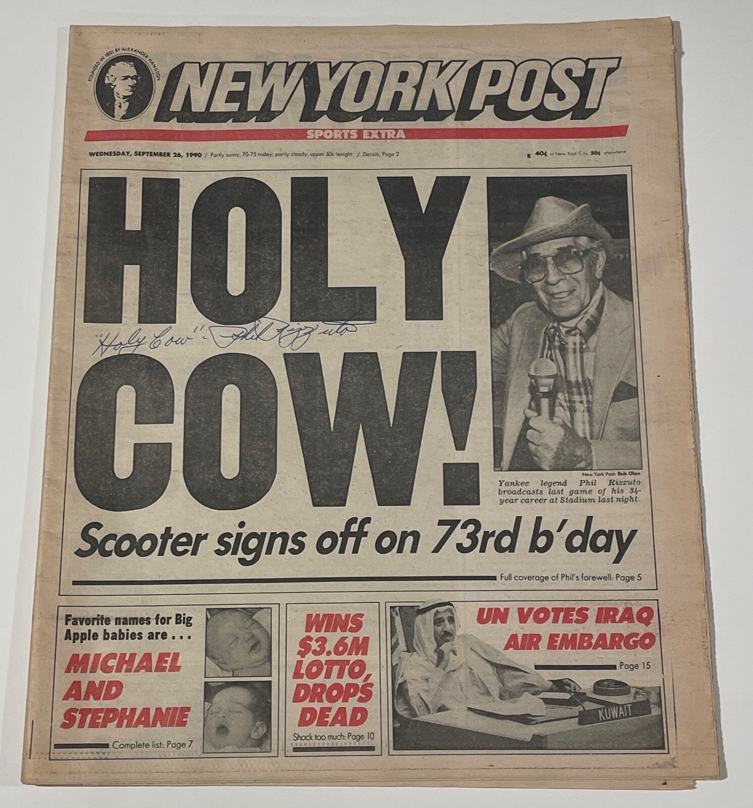 Phil Rizzuto Signed NY Post "Holy Cow" Newspaper. NY Yankees. JSA0
