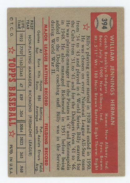 1952 Topps Billy Herman. Brooklyn Dodgers. 