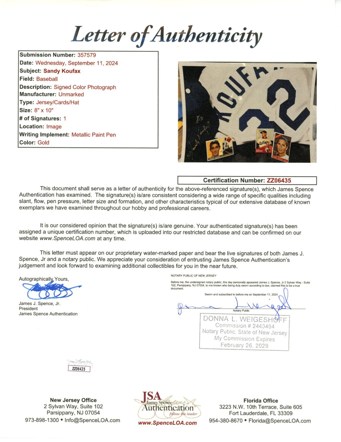 Sandy Koufax Signed 8x10 Photo. JSA Full Letter of Authenticity1